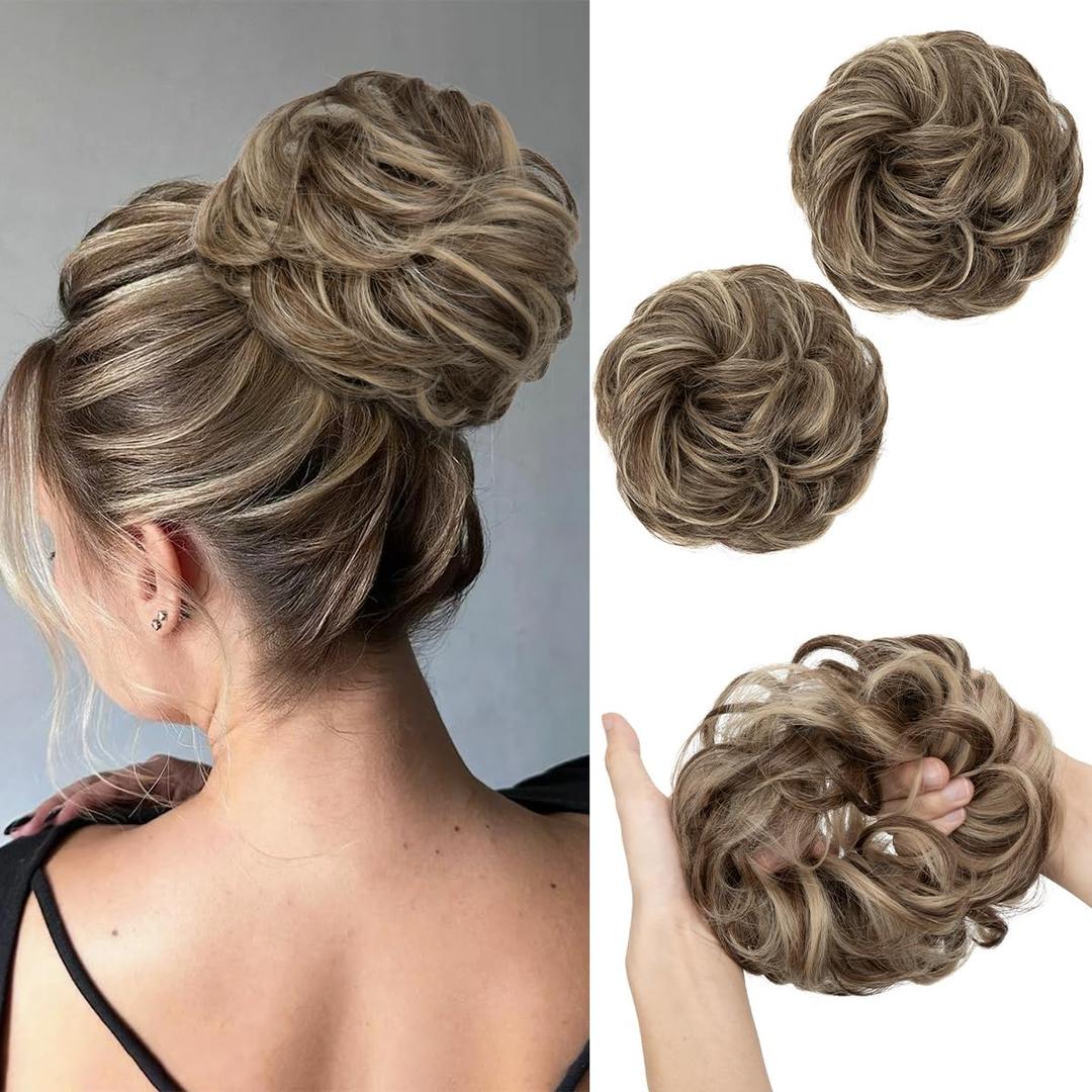 SARLA 2PCS Messy Hair Bun Hair Pieces Wavy Curly Synthetic Updo Fake Scrunchies Ponytail Extension for Women Brunette Blonde Multi (2PCS-Brunette Blonde Multi)