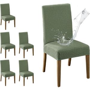 MOSAYT 100% Waterproof Dining Room Chair Covers Set of 6, Super Fit Stretch Jacquard Parson Chairs Slipcovers Removable Washable Chair Seat Protectors for Home, Kitchen, Banquet (Green - XL)