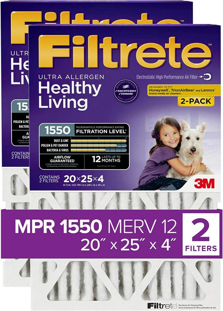 Filtrete 20x25x4(SlimFit), AC Furnace Air Filter, MPR 1550 DP, Healthy Living Ultra Allergen Deep Pleat, 2-Pack, Fits Lennox & Honeywell Devices (exact dimensions 19.5 x 24.5 x 3.75)