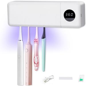 Wall Mounted Toothbrush Holder,UV Toothbrush Holders,No Drilling Wall Mounted Toothbrush Sanitizer Cleaner 4 Slots,Fan Drying Smart & 360s Timer Function for Smart Home Bathroom Accessories.