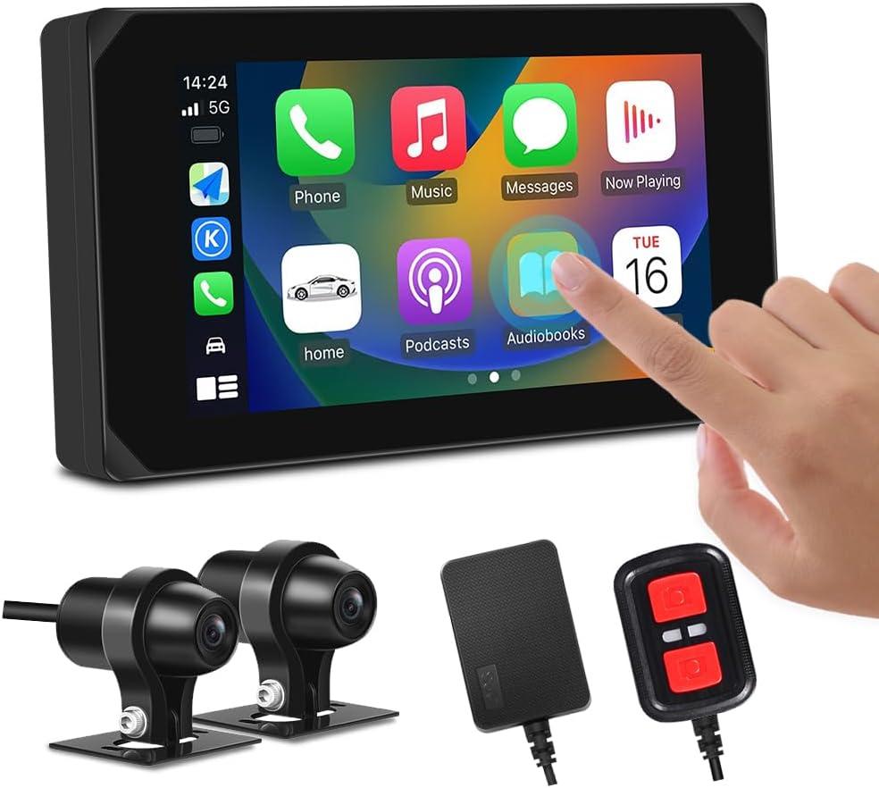 VSYSTO Motorcycle Dash Cam Front & Rear 1080P Cameras with 5.0" Wirelss CarPlay/Android Auto Waterproof Touch Screen, Supports GPS Navigation and Wi-Fi App