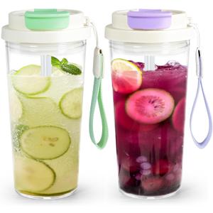 20oz Clear Tumbler with Lid and Straw, 2Pcs Plastic Coffee Tumbler, Iced Coffee Cup Acrylic Tumbler for Coffee, Soda, Tea, Milk, Juice, Gift, Green&Purple