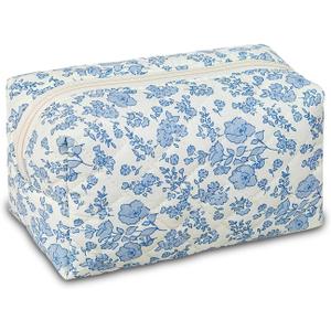 Quilted Makeup Pouch,Cotton Puffy Makeup Bag, Coquette Cosmetic Bag for Women and Girls, Aesthetic Organizer Bag, Cute Flower Travel Toiletry Bag
