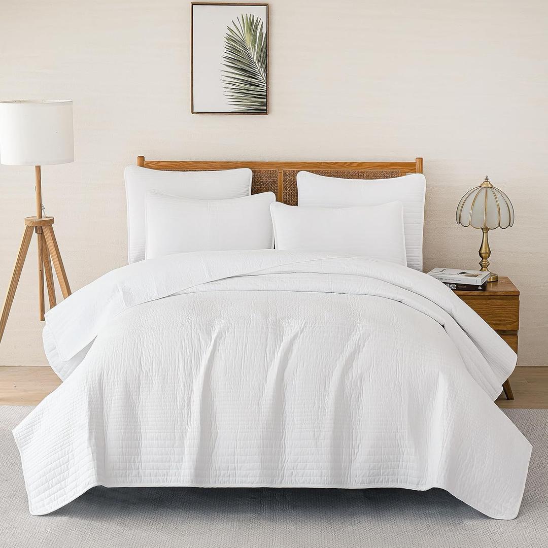 100% Cotton Quilt King Size Bedding Sets, Bedspread Set and 2 Pillowcases, Lightweight and Textured, All Season Lightweight King Comforter Bedding SetWhite