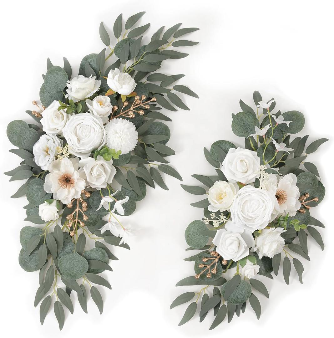 Faux Arch Flowers Swag Set of 2 for Wedding Signs Reception Ceremony and Welcome Sign Floral Decoration (White)