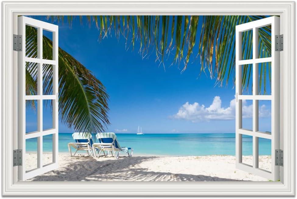 DONGYOUJI Beach Ocean Wall Art Picture Decor for Living Room - Fake Window Frame Style Canvas Artwork Tropical Palm Tree - Blue Coastal Art Print for Bedroom Bathroom Home Office Decoration 24x36inch (36L" x 24W")