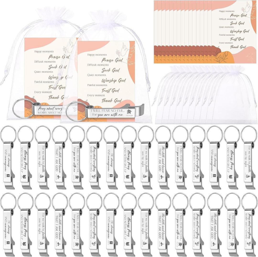 Vesici 30 Sets Christian Party Favors Gifts Bible Verse Bottle Opener Keychain Set Religious Christian Gifts Bulk with Cards and Bag for Church Scripture Thanksgiving Christmas Party Favors(Silver)