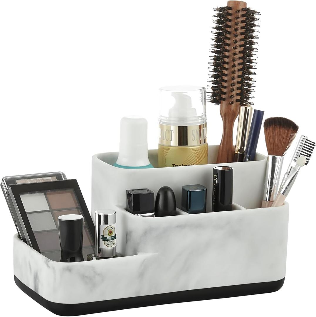 ZCCZ Toothbrush Holder Organizer - Multi-Functional Bathroom Storage for Makeup, Skincare, and Accessories - White Marble Look Countertop Organizer for Sink and Vanity Spaces