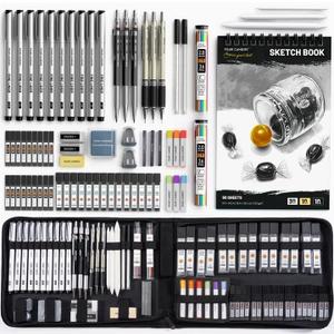 Four Candies 73PCS Advanced Art Supplies Drawing Kit with Fineliner Pens, Mechanical Pencils, 3-Color Sketchbook, Charcoal Sticks,Pastels for Sketching Drawing Comics Gifts for Professionals Artists