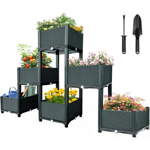 MAYOLIAH Garden Raised Bed Kit, 6 Elevated Planter Boxes with Drainage Holes, Taller Plastic Garden Bed for Vegetables Herbs Flowers Fruits Planting in Front Porch Yard Patio Balcony, Grey (6 Boxes, Gray)
