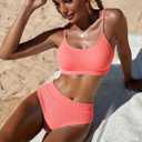 Fanuerg Women's Ribbed High Waisted Bikini Sets Scoop Neck Two Piece Swimsuits Spaghetti Strap Textured Bathing Suit (Pink, S)