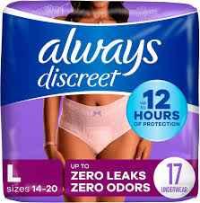 Always Discreet Adult Diapers for Women, Incontinence Underwear, Postpartum Essentials, Disposable Briefs, Max Absorbency, Bladder Leak Protection, Large, 17ct