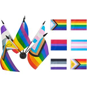 2 x Rainbow Pride Deluxe Desk Flag Set -6 Branch Miniature Gay LGBT Flag Desk Set Table Black Base and Spear Top-Desktop Decorations