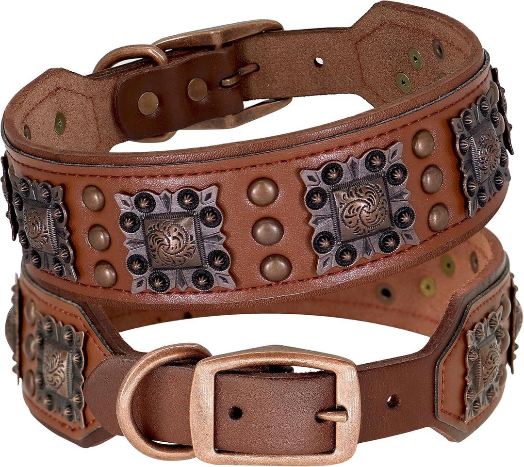 PET ARTIST Sturdy Genuine Leather Dog Collar,Heavy Duty Soft Leather Dog Collar for Medium & Large Dogs,Hand Made,Brown,Medium Size (M:Neck 16"-19"(40-47CM),Width 2")