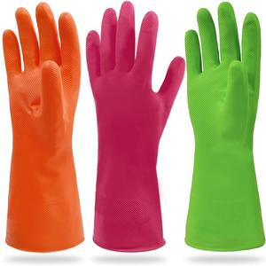 Cleanbear Reusable Dish Washing Rubber Glove Set of 3, Household Cleaning Gloves for Washing (Medium, Green,red,orange)