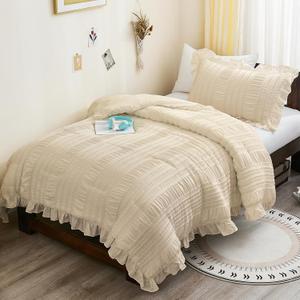 WONGS BEDDING Beige Comforter Set Full, 3 Pieces Ruffle Shabby Chic Comforter for Dorm Room Essentials for Full Bed, Soft Seersucker Bedding Set with 1 Comforter, 2 Tufted Pillowcases 90"78"