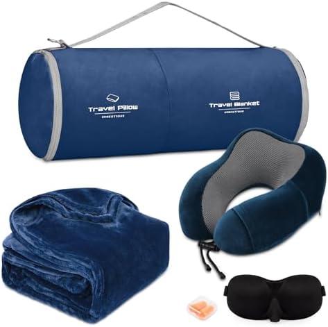 urnexttour Travel Pillow and Blanket Set Neck Pillows Travel Essentials with Sleep Mask for Airplane Car Memory Foam Blue