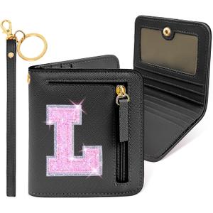 COSHAYSOO Small Wallet RFID Mini Bifold Travel Purse with Initial Letter Slim Thin Compact Pocket Minimalist Wallet Birthday Christmas Valentines Easter Gifts for Girls Friend Women Black L