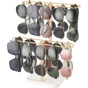 Mkono Sunglasses Organizer Glasses Holder Stand for 24 Pairs of Eyewear, 2 Tier Sunglass Storage Eyeglasses Display Rack Metal Frame with Wood Base for Table Desk Countertop Dresser Bedroom, Gold