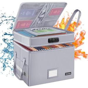 DocSafe File Box with Lock,Multi-Layer Fireproof Document Box Collapsible File Storage Organizer with Pocket,Large Portable Home Office Filing Cabinet Safe for Hanging Letter/Legal Size Folder,Silver