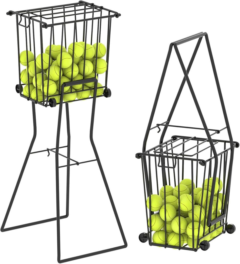 Tennis Ball Hopper- Foldable Ball Caddy Holder Pickleball Collection Pick-Up Basket with Wheel (Black)