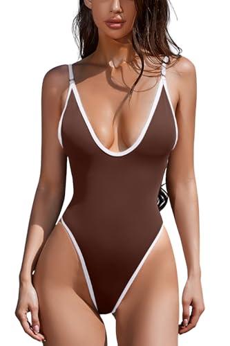 ESONLAR Women's Sexy Plunging V Neck Bathing Suit Open Back Contrast Color One Piece Swimsuits Brown & White XL