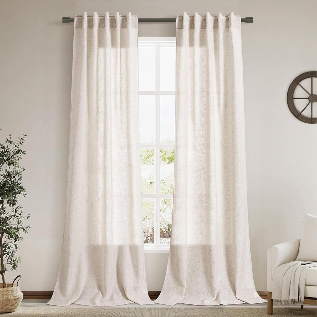 Nanspring Linen 102 Inch Long Curtains for Living Room 2 Panels Back Tab Pocket Semi Sheer Light Filtering Curtains Bohemian Rustic Beige Solid Color Drapes for Sliding Glass Door Bedroom 40x102