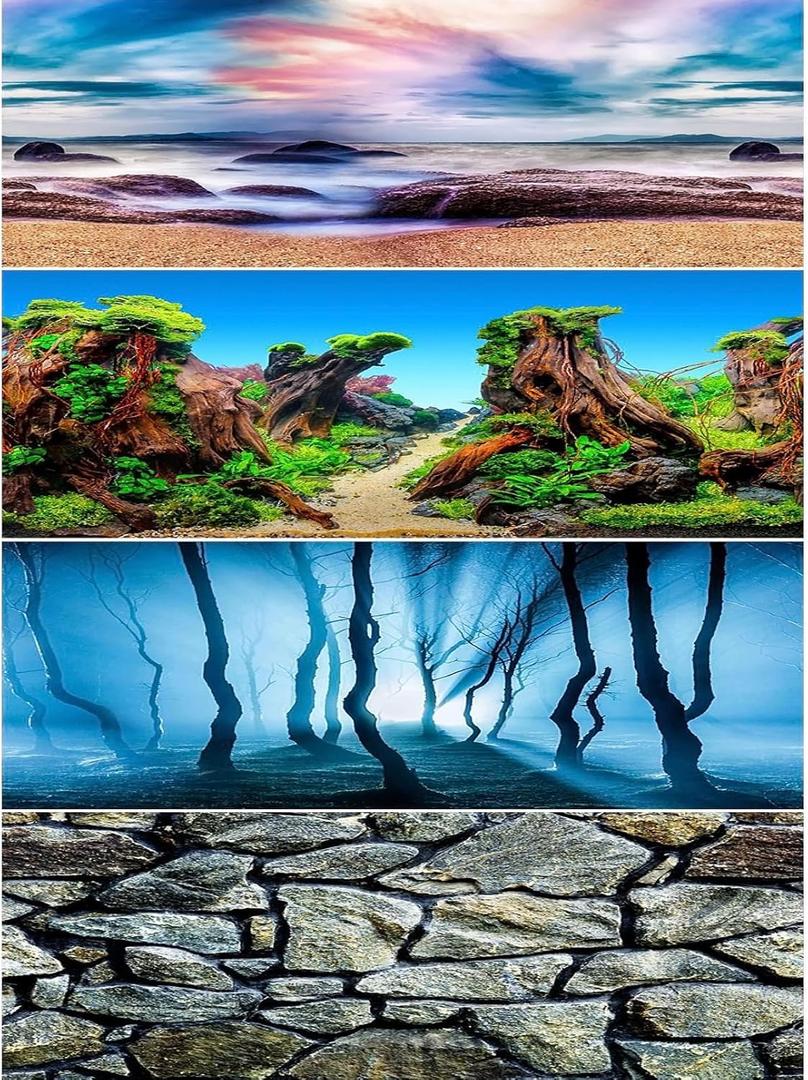 PINVNBY Reptile Terrarium Background 2 Pack 47 x 20 inches Double-Sided Reptile Tank Background Polyester Reptile Habitat Decor with Tape Green Plants & Natural Rock Aquarium Decoration