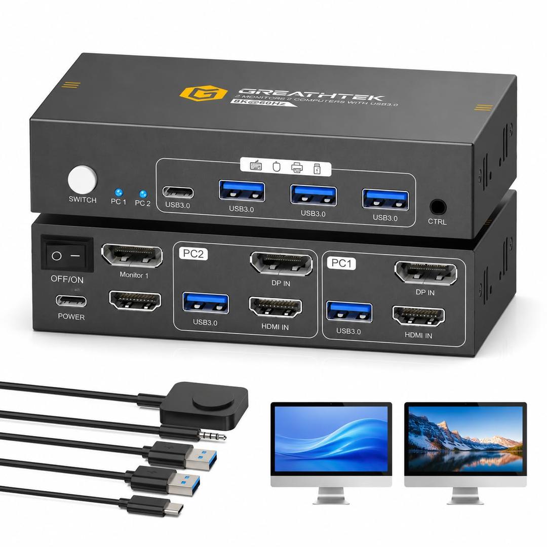 8K@60HZ HDMI Displayport KVM Switch 2 Monitors 2 Computers