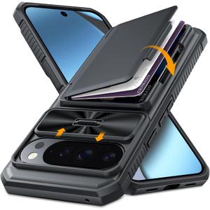 CENMASO for Google Pixel 10 Pro XL Case with Card HolderRFID Blocking& Sliding Camera Cover & Kickstand Full-Body Shockproof Wallet Phone Case for Pixel 10 Pro XL (Black)