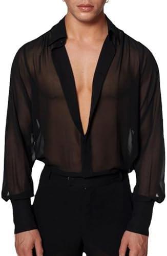 COOLOYA Men's Mesh Sheer See Through Long Sleeve Rave Disco Outfit Collar Button Front Party Shirt Tops Size L