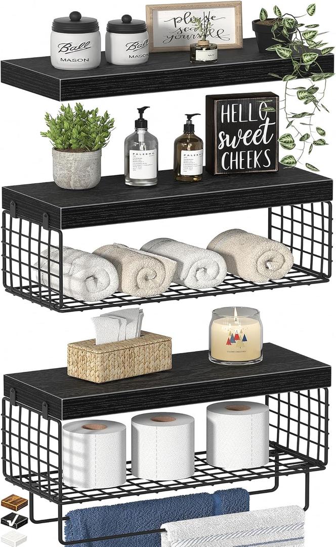 Bathroom Floating Shelves Over Toilet - Shelf Above Toilet Storage Small Farmhouse Decor Shelves (15.7 inch, Set of 3, Black)