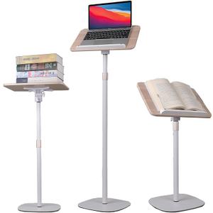 Music Book Stand with Adjustable Podium, Cook Book & Music Sheet Holder, Wooden Floor Bible Holder with Page Clip (Higher (20"-67" Height), White)