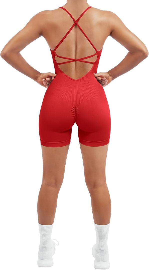 SUUKSESS Women Strappy Romper Seamless Jumpsuit Tummy Control Padded Sports Bra (Small, 11 Red)