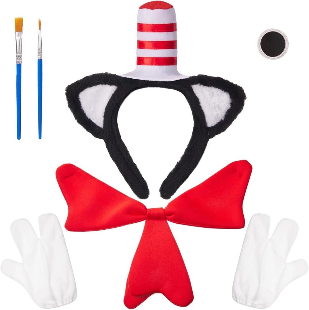 Cat Hat Costume Set with Cat Ears Headband, Bow Tie, White Gloves, Black Face Paint and 2 Brushes  Dress Up Kit for Hat Day, Halloween, Book Character Day, Reading Week