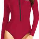 Daci Women Long Sleeve Rash Guard One Piece Zipper Swimsuit Surfing Bathing Suit UPF 50 (Red, XL)