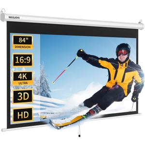 WASJOYE 84'' Projector Screen Manual Pull Down - 16:9 HD Retractable Projection Screen with Auto Locking - 4K Projector Screen Anti-Crease for Home Theater Cinema Office Education Presentation