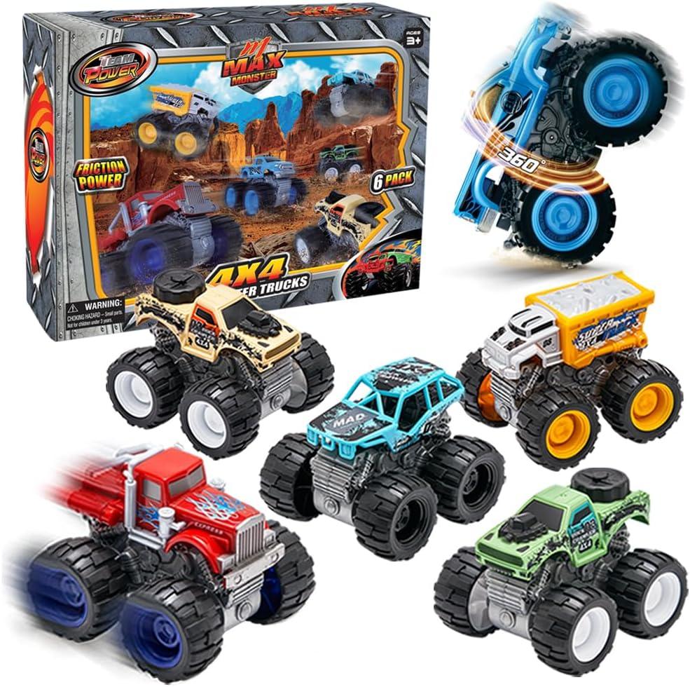 Monster Trucks Toys for Boys and Girls, 4-Wheel Drive Friction Powered 6-Pack Push and Go Toy Cars with Giant Wheels, 360 Crazy Stunts, Age 3, 4-7 and Above (6 Pack)