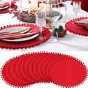 12 Pcs Red Placemats with Fluffy Balls Rustic Round Table Mats 15 Inch Burlap Round Placemats for Dining Kitchen Wedding Christmas Parties