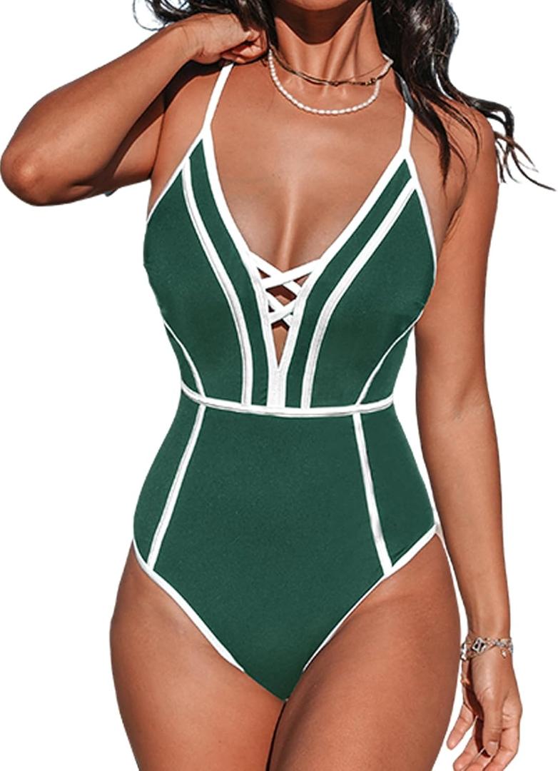 CUPSHE Women's One Piece Swimsuit Plunging V Neck Bathing Suit Crisscross Back Tie Slimming Sculpting Color Block (Green/White) L