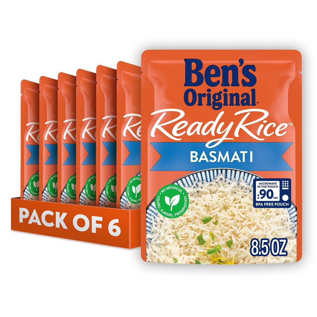 BEN'S ORIGINAL Ready Rice Basmati Rice, Easy Side Dish, 8.5 oz Pouch (Pack of 6), Best if Used 12/25 MAI