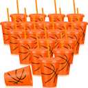 Domensi 20 Pieces Plastic Cups with Lid and Straw Reusable Tumbler Party Plastic Cups 16 oz Party Supplies Favors for Game Sport Birthday(Basketball)
