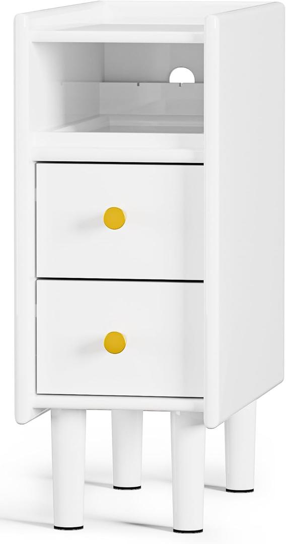 Huolewa Narrow Nightstand with 2 Drawers - Solid Wood Narrow Side Table with Open Shelf for Small Spaces, Couch, Bedroom, Living, Office - Small Bedside Table, End Tables (White, 7.87 inch)