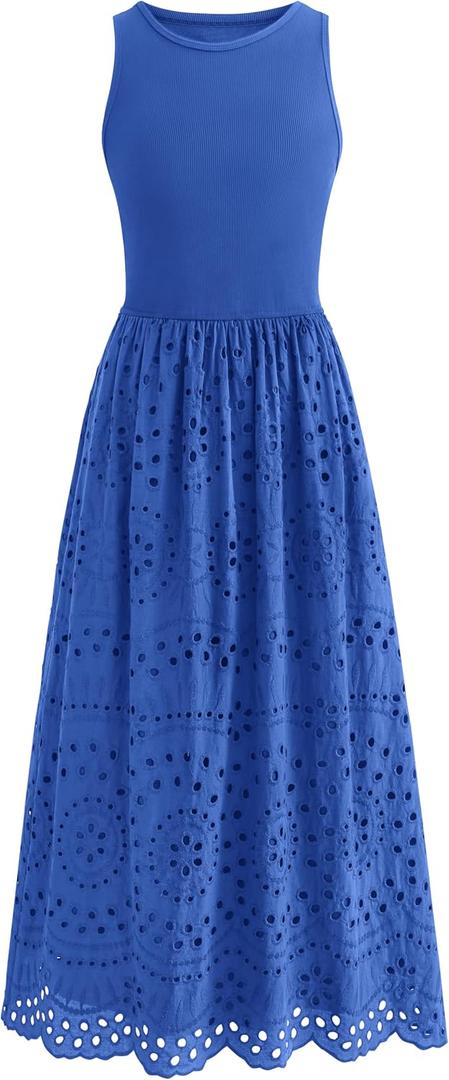 dowerme Women Summer Dresses 2025 Casual Sleeveless Crewneck A-Line Boho Lace Eyelet Cotton Tank Maxi Dress with Pockets (Blue)