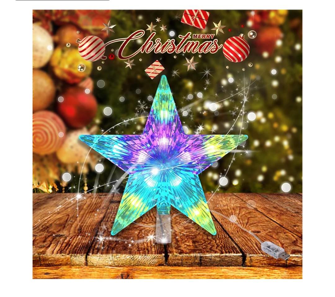 Christmas Tree Topper Star 7" LED Lighted Star Tree Top w/Remote Control, 5Point Star RGB Night Light Treetop, Small Xmas Tree Decor for Christmas, USB Plug in/Wire 9.84Ft