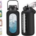 Chunmo 74 oz Glass Water Bolttles with Straw Large Motivational Water Bottle with Time Marker Sports Water Bottles with Silicone Sleeve and Handle Lid 2.2L Water Jug for Gym Workout (Black)