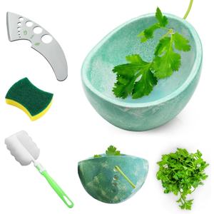 Frstem 2pcs Pottery Herb Stripper (Green Bowl+Herb Stripper),Handmade Ceramic Herb Stripper with Different Sizes of Round Holes,Kitchenware for Efficient Leaf Stripping