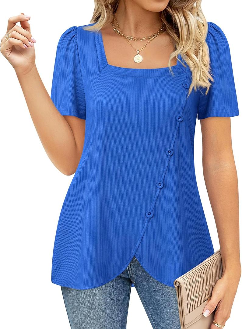 VALOLIA Women's Short Sleeve Tops Square Neck Shirts for Women Buttons Side Tulip Hem T-Shirts