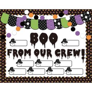 4 x 4Ft DIY Halloween Bulletin Board Decorations Ghosts Cutouts Boo from Our Crew with 100 Glue Point Dots for Bulletin Board Classroom Decoration School Home Holiday Party Decor
