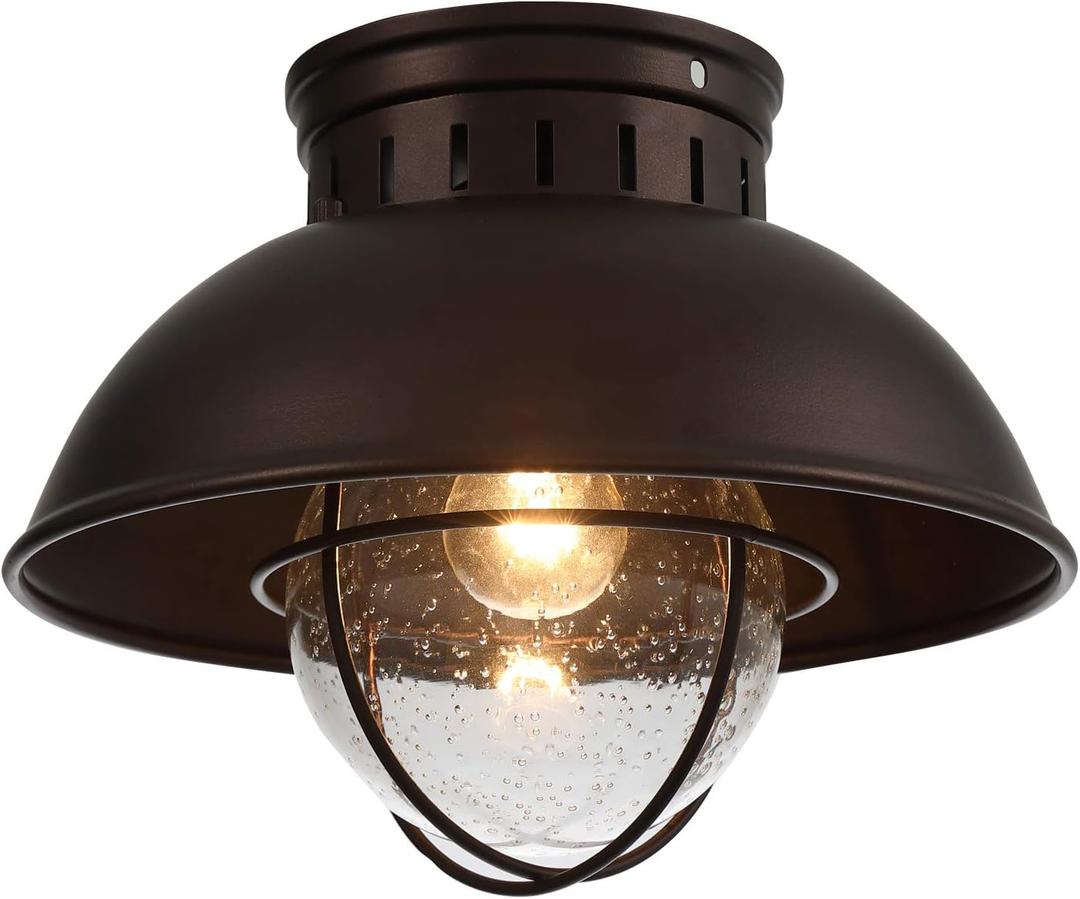 Outdoor Ceiling Light Farmhouse 10 Inch Flush Mount Ceiling Lights Fixture Oil Rubbed Bronze,Metal Cage Seeded Glass Semi Entry Hall Light Fixtures